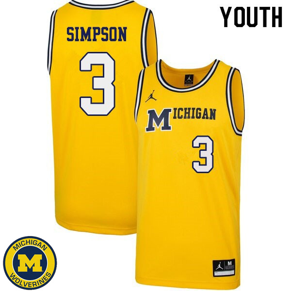 Youth Michigan Wolverines #3 Zavier Simpson Yellow 1989 Retro Embroidery Basketball Jersey